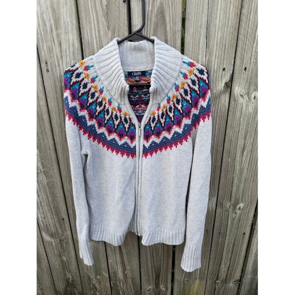 Fair Isle Nordic Cottagecore Chaps Full Zip Sweater M Gray Colorful Geometric